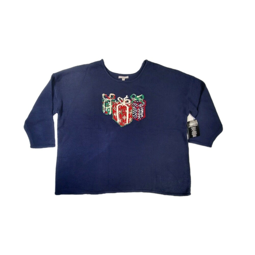Woman Within Christmas Sweater Navy Blue Plus 3X 30/32 Holiday Gifts Presents